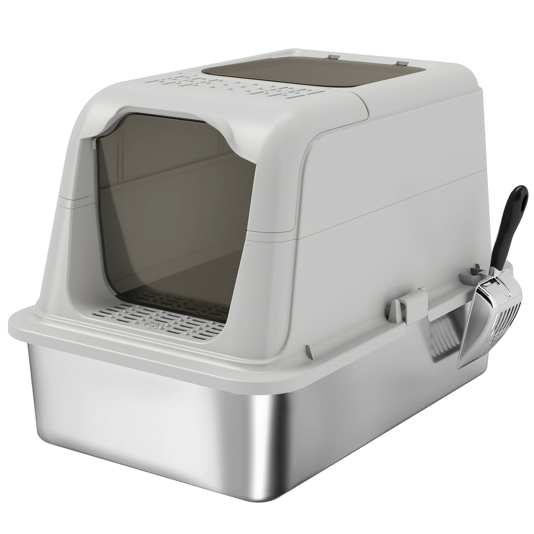 Extra Large Stainless Steel Litter Box, Enclosed Cat Litter Tray with 