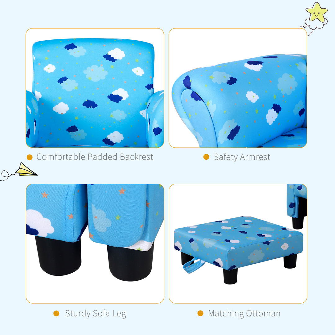 HOMCOM Childrens Sofa Mini Sofa Wood Frame w/ Footrest Anti-Slip Legs High Back Arms Bedroom Playroom Furniture Cute Cloud Star Blue | Aosom UK