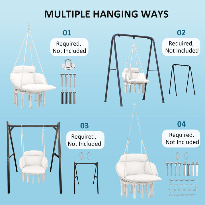 Outsunny Hanging Chair Outdoor Hammock Chair with Soft Cushion, Cotton Rope Boho Style Swing Chair, Hanging Garden Swing Seat for Indoor Outdoor, Cream White