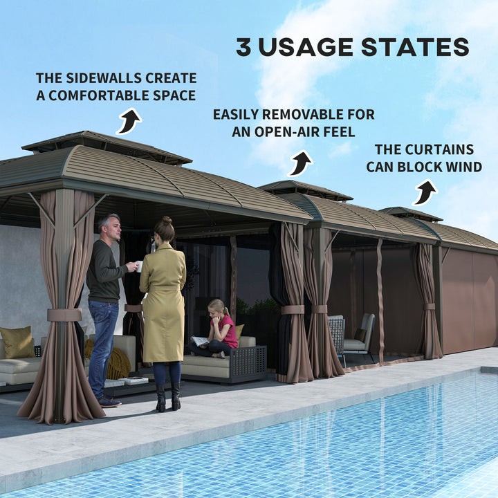 3.65 x 3(m) Hardtop Steel Gazebo Canopy with Aluminium Frame, Double Roof, Net Sidewalls and Curtains, Coffee