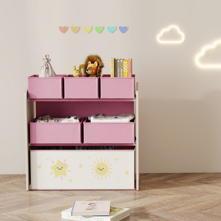 AIYAPLAY Kids Toy Storage Units, 3-Tier Toy Organiser Shelf with 6 Removable Boxes for Kids, Bedroom, Playroom, Pink