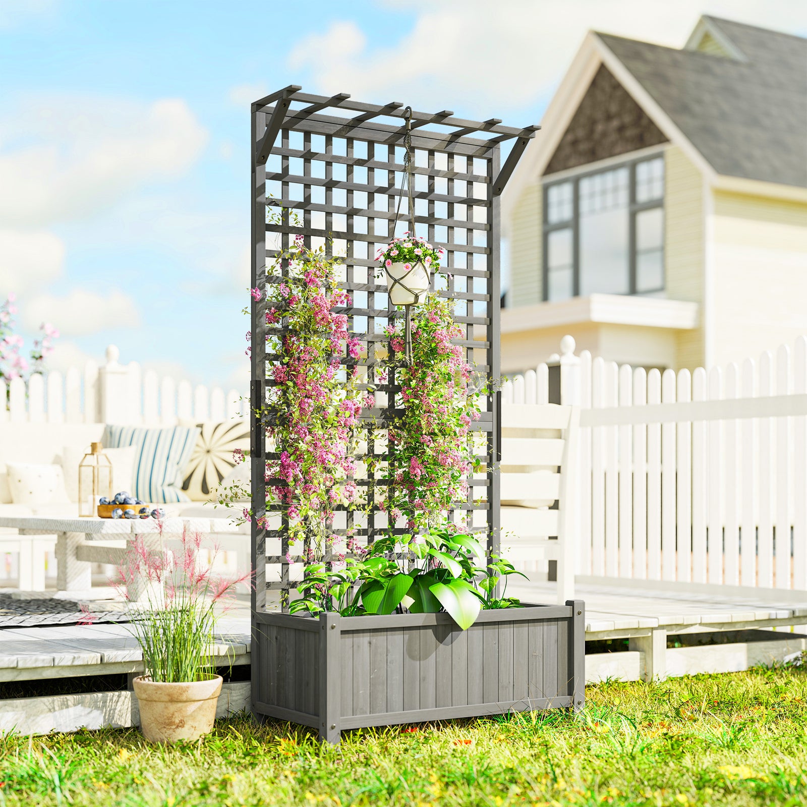 Raised Bed with Drainage Holes, Wood Planter with Trellis for Climbing