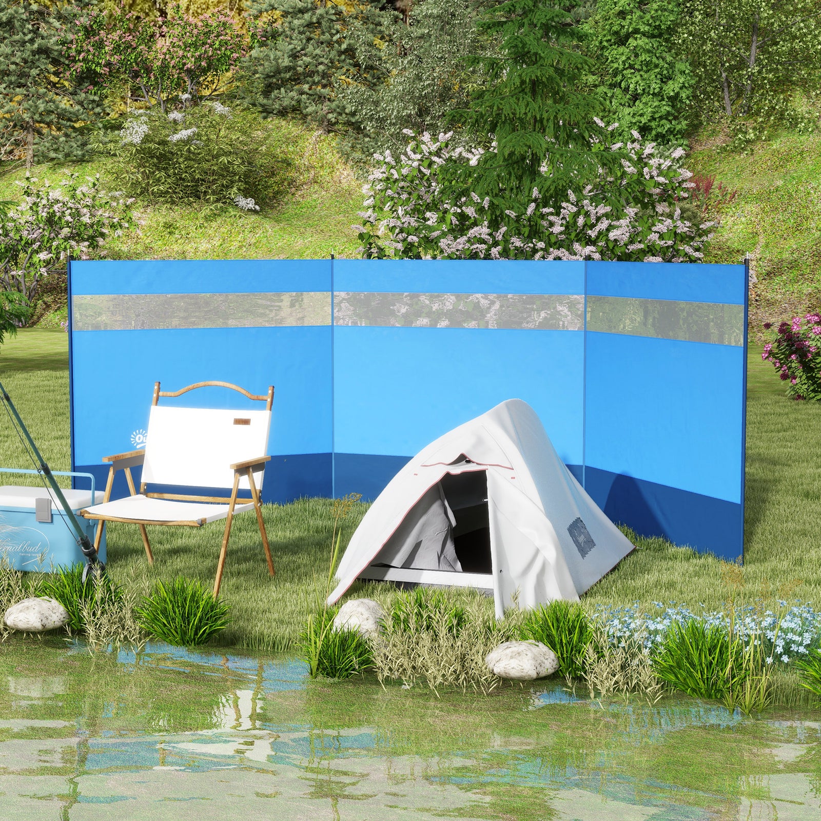 Camping Windbreaker with Clear Windows, Carry Bag and Steel Poles, for Beach Caravan Campervan, 440 x 140cm, Blue