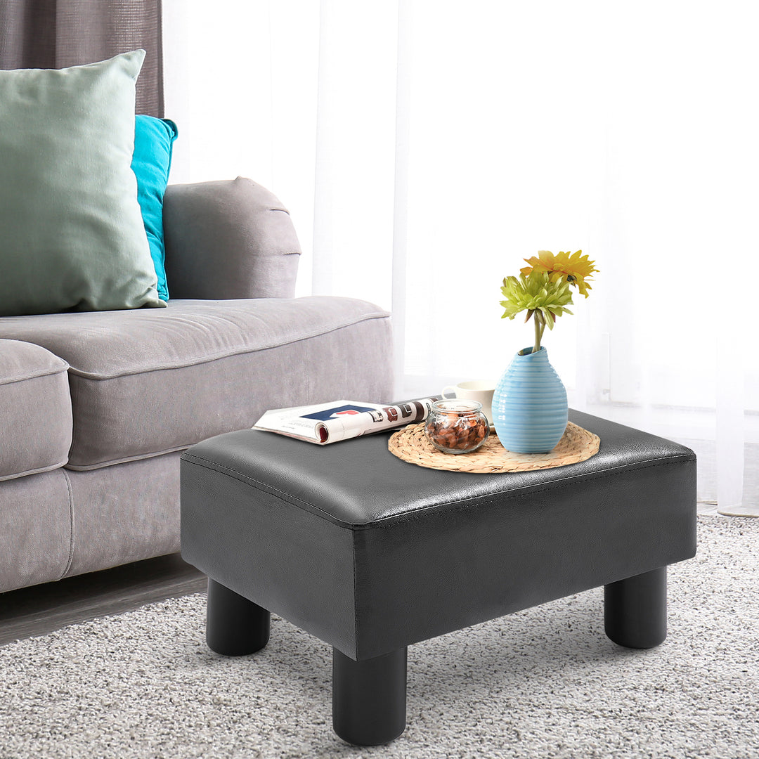 Faux Leather Footstool, Small Foot Rest, Rectangle Sofa Stool for Bedroom Living Room, Black