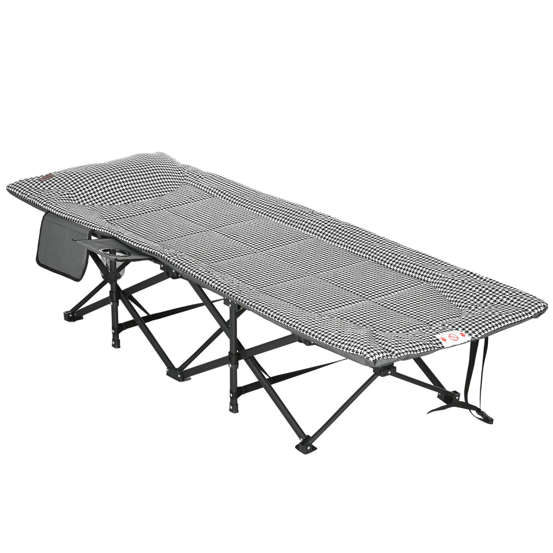 Foldable Camp Bed, Padded Patio Camping Bed with Carry Bag, Magazine Bag and Cup Holder for Outdoor, Garden, Black