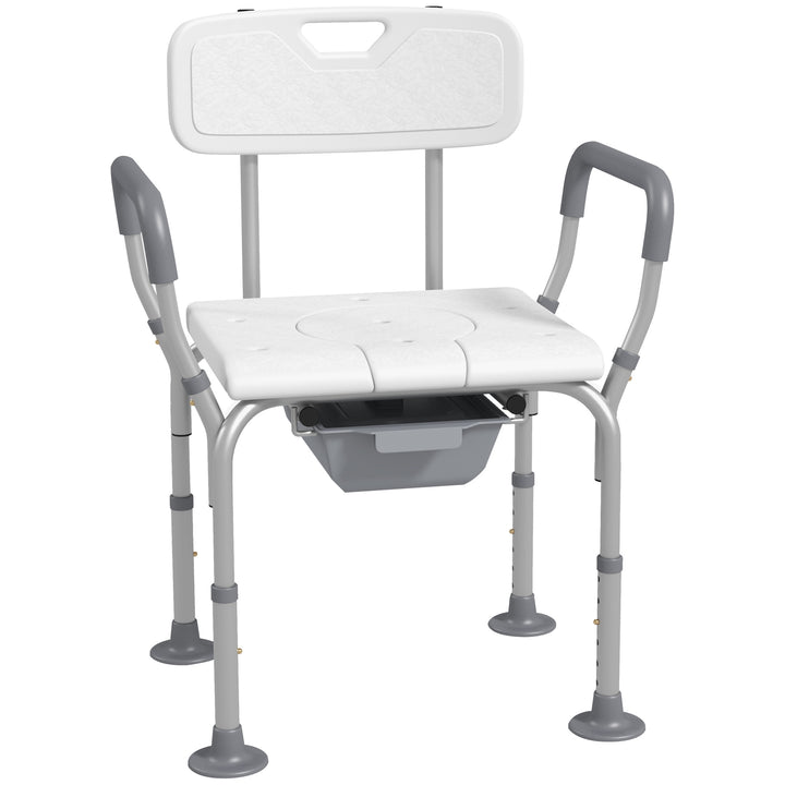 HOMCOM Height Adjustable Shower Stool with Arms and Back, Non-Slip Bedside Commode with Detachable Bucket for Elderly, White | Aosom UK