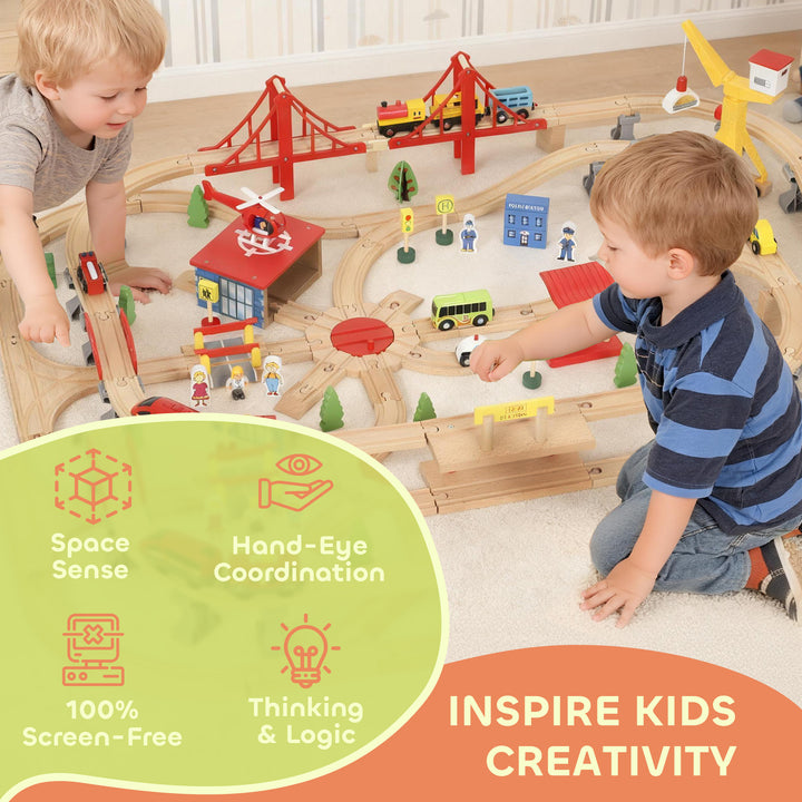 MCL 133-Piece Wooden Train Set, Toy Train with Crane, Storage Box, for Kids Ages 3+