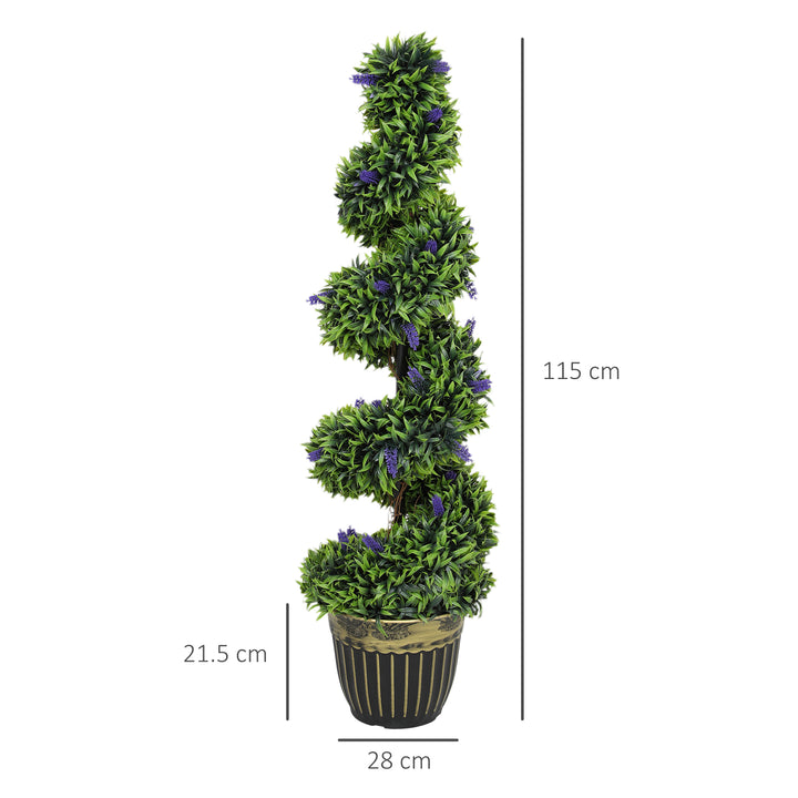 Set of 2 Decorative Artificial Plants, Boxwood Spiral Topiary Tree with Lavender and Pot, Fake Plants for Home Indoor Outdoor Decor, 115cm