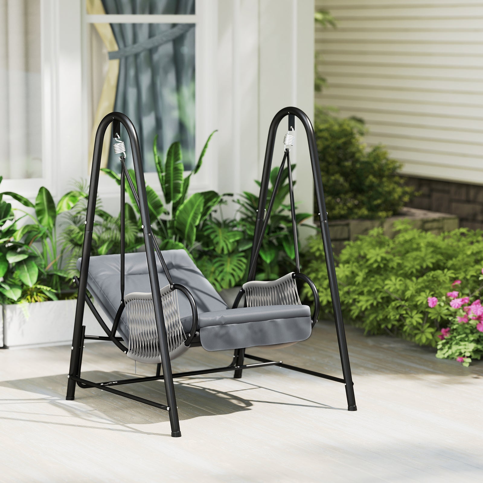 Rattan Swing Chair, Outdoor Garden Hanging Swing Seat with Stand and Seat Cushion, Porch Hanging Chair for Balcony, Garden, Deck, Light Grey