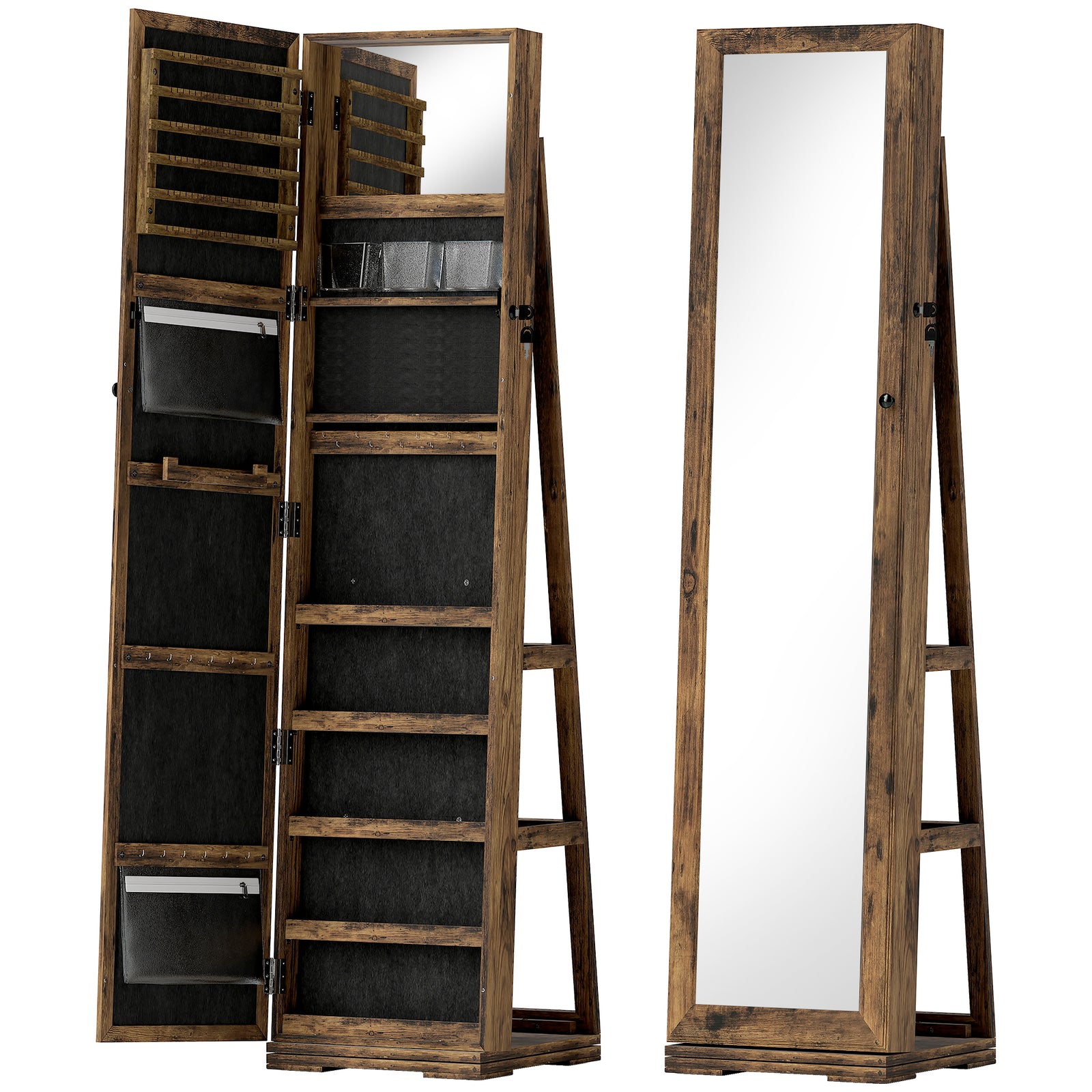 360° Swivel Jewellery Cabinet, Free Standing Full Length Mirror with Storage, Lockable Jewellery Organiser with Built-in Makeup Mirror and Storage Shelves for Bedroom, Rustic Brown