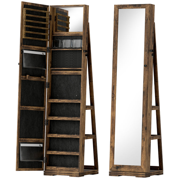 360° Swivel Jewellery Cabinet, Free Standing Full Length Mirror with Storage, Lockable Jewellery Organiser with Built-in Makeup Mirror and Storage Shelves for Bedroom, Rustic Brown