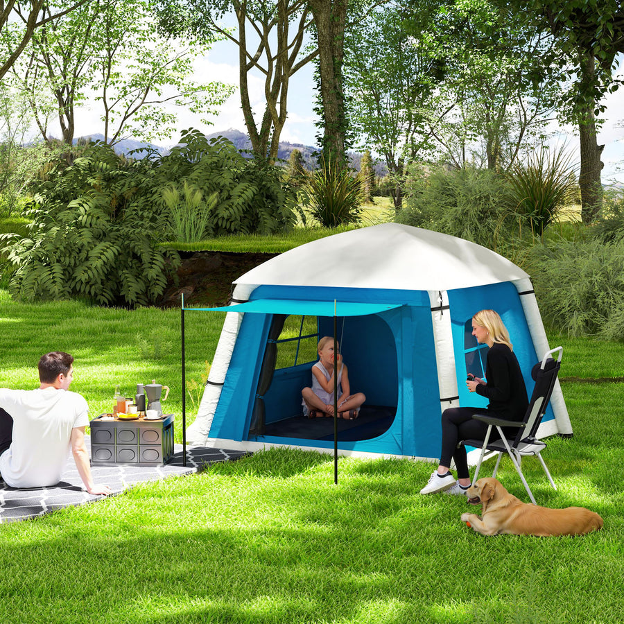 Inflatable Camping Tent w/ Hand Pump, Easy Setup 1/2 Person Blow Up Tent Waterproof 190T Taffeta w/ Mesh Windows, Doors and Carry Bag, Light Blue