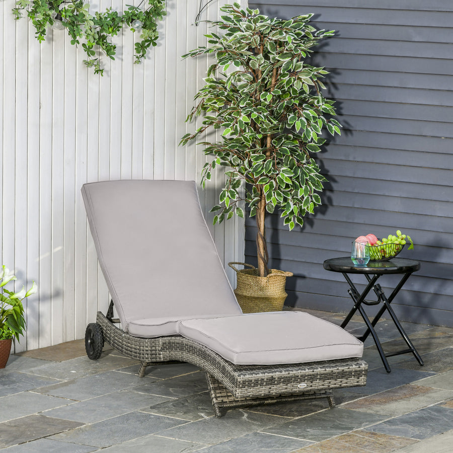 Patio Wicker Chaise Lounge Chair, Outdoor PE Rattan Sun Lounger with Adjustable Backrest and 2 Wheels, Grey