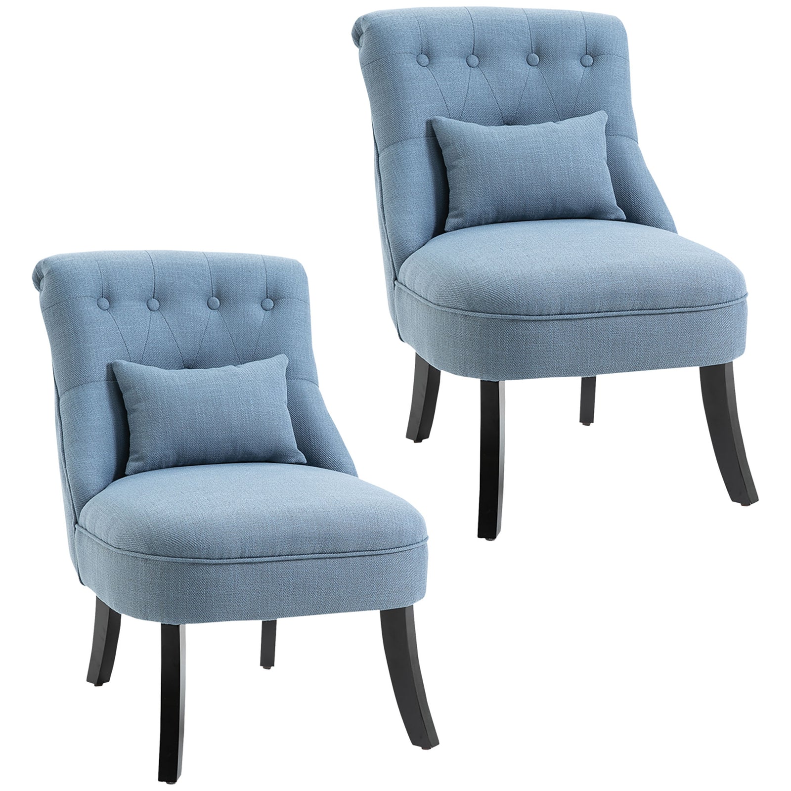 Fabric Single Sofa, Tub Chair, Upholstered Bedroom Chair with Pillow, Solid Wood Leg for Home, Living Room, Dining Room, Set of 2, Blue