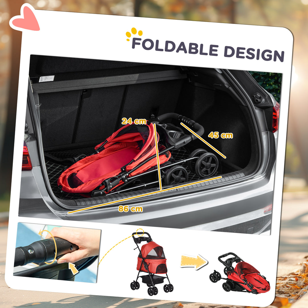 Dog Pram Dog Stroller Foldable Pet Pushchair with 4 Wheels, Safety Leashes, Cup Holder for Small Dogs, Red
