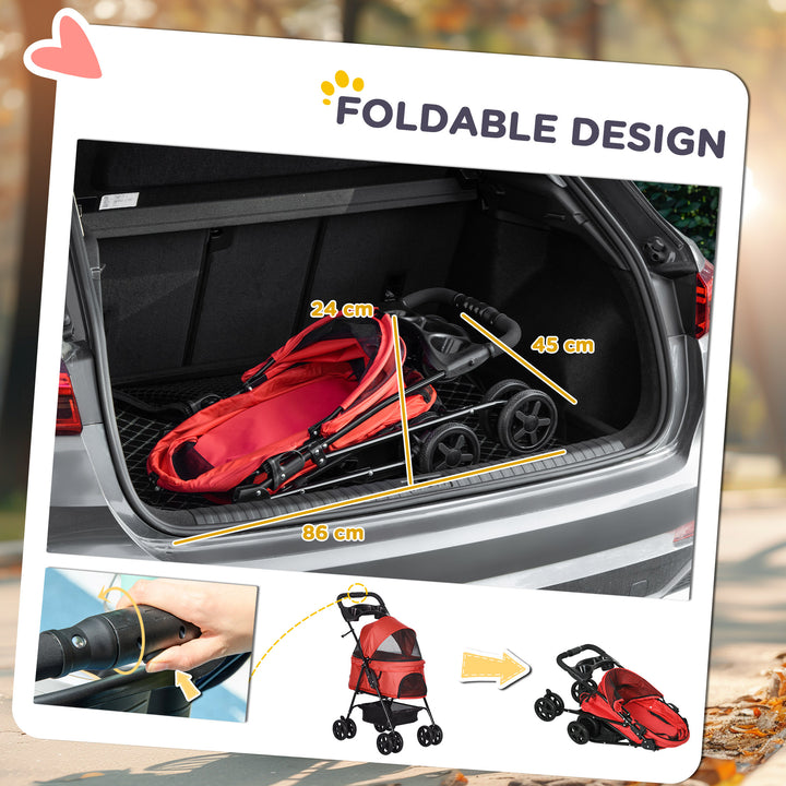 Dog Pram Dog Stroller Foldable Pet Pushchair with 4 Wheels, Safety Leashes, Cup Holder for Small Dogs, Red