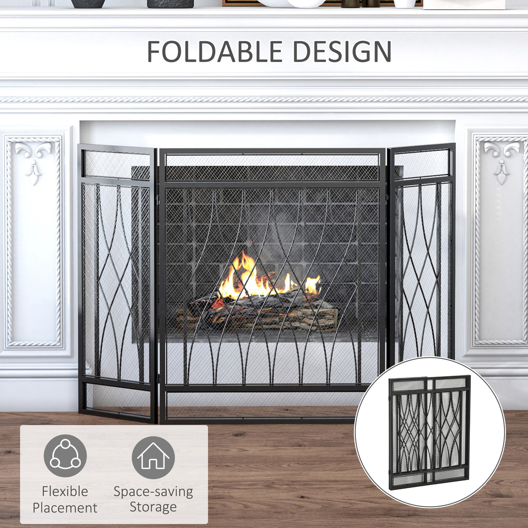 126cm 3-Panel Metal Folding Fireplace Screen Heat Flame Protective Guard Child Pet Home Spark Barrier Surround w/ Mesh Pattern