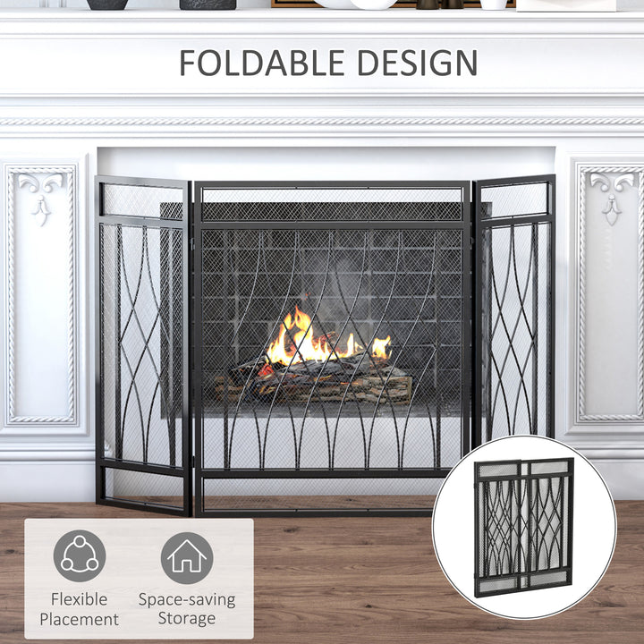 126cm 3-Panel Metal Folding Fireplace Screen Heat Flame Protective Guard Child Pet Home Spark Barrier Surround w/ Mesh Pattern