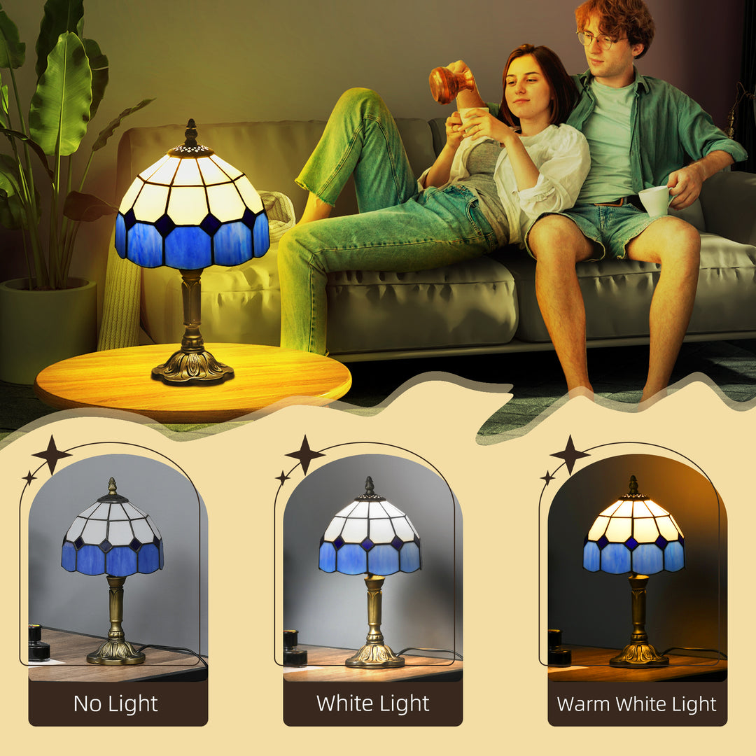 Handmade Stained Glass Table Lamp, Antique Bedside Lamp for Bedroom, Living room, Home, Nightstand, Decorative Night Light, Blue