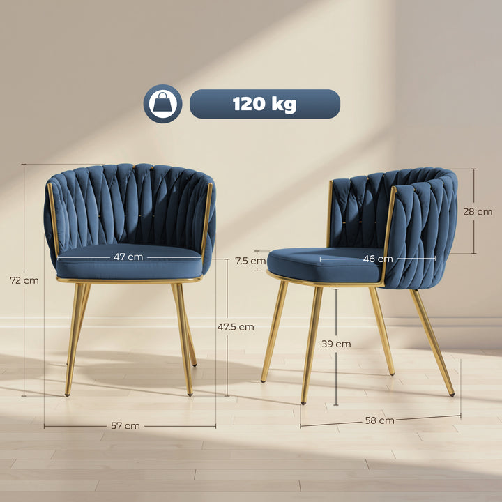 Velvet-Feel Dining Chairs Set of 2, Modern Upholstered Kitchen Chairs with Woven Backrest and Armrests, Metal Legs and Padded Seat for Dining Room, Bedroom, Living Room