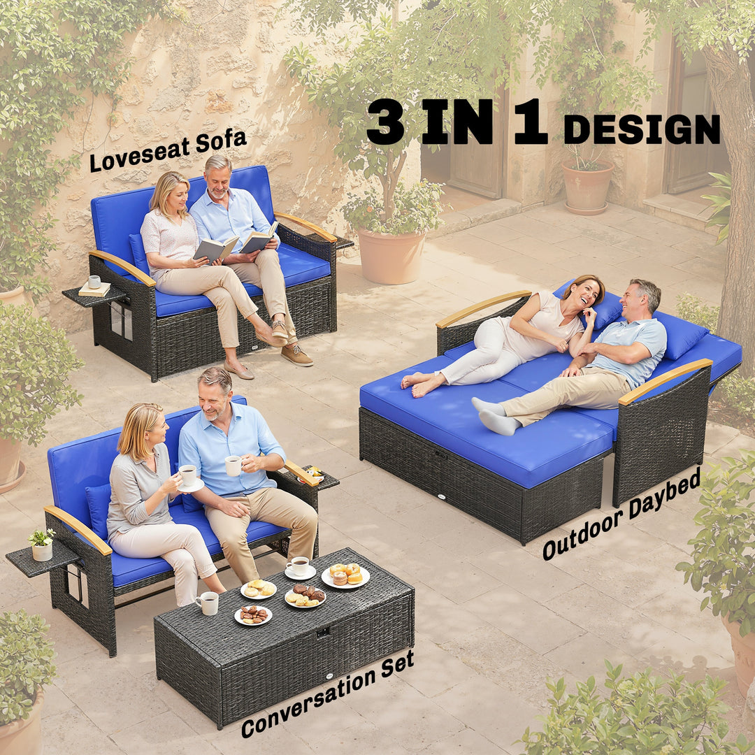 Double Garden Rattan Daybed, Wicker Sun Bed Chaise Lounger with Storag