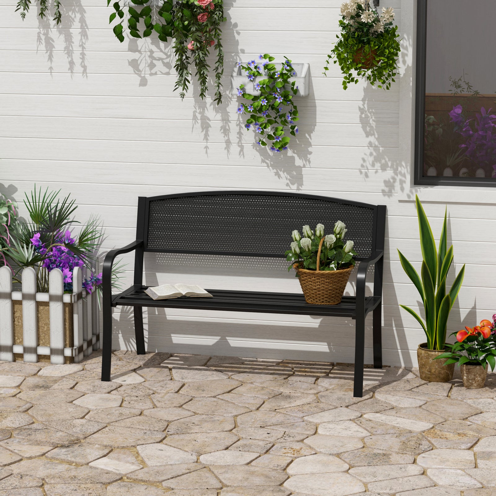 Garden Bench Furniture Patio Park 2 Person Chair Seat Steel Black 120cm Outdoor