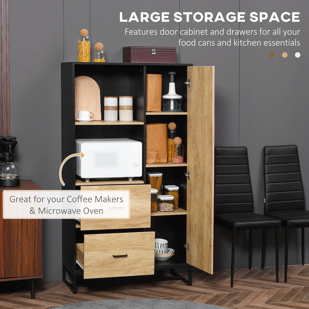 Kitchen Cupboard, Freestanding Storage Cabinet with Soft Close Door, Microwave Stand with Adjustable Shelves and Drawers, for Living Room, Dining Room, 160cm, Natural and Black