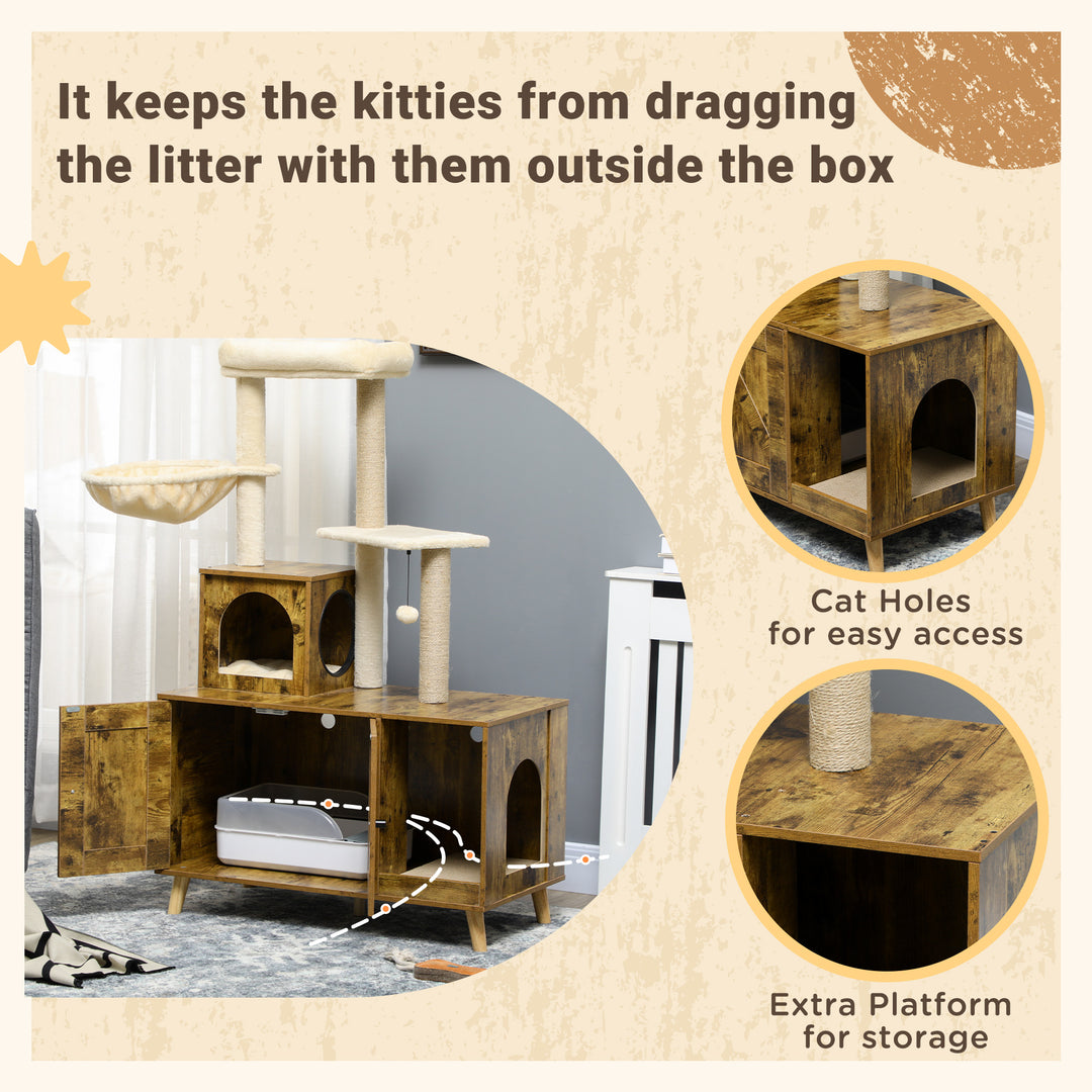 PawHut Cat Litter Box Enclosure, with Tree Tower, Cat House, Hammock, Cushion - Rustic Brown | Aosom UK