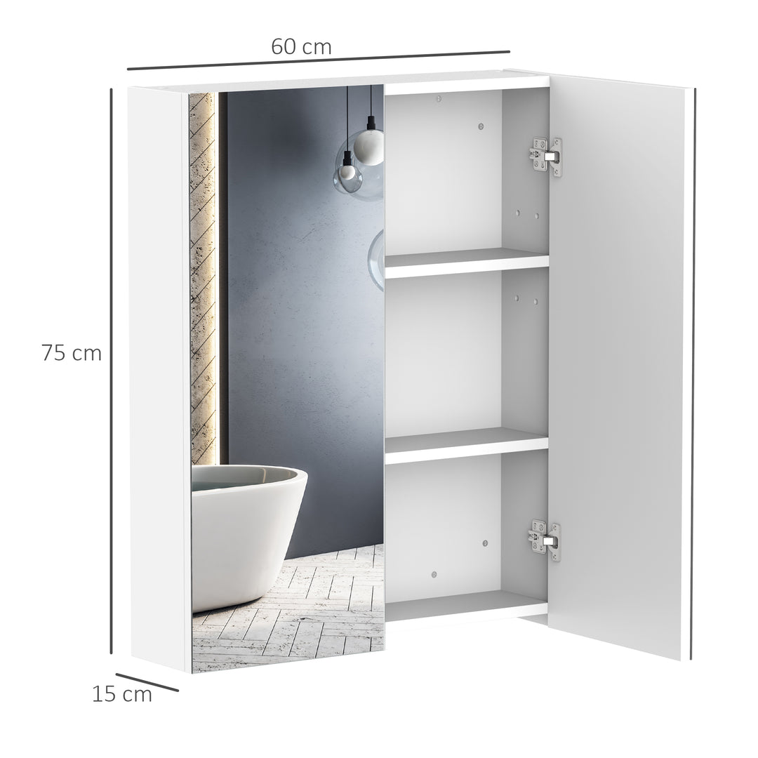 HOMCOM Wall Mounted Mirror Cabinet, Wooden Bathroom Storage with Adjustable Shelf, Double Door, 60Wx15Dx75H cm, White | Aosom UK