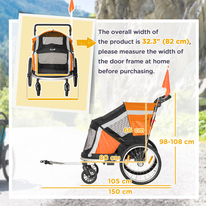 PawHut Dog Bike Trailer 2-in-1 Pet Stroller for Large Dogs Cart Foldable Bicycle Carrier Aluminium Frame with Safety Leash Flag Orange | Aosom UK