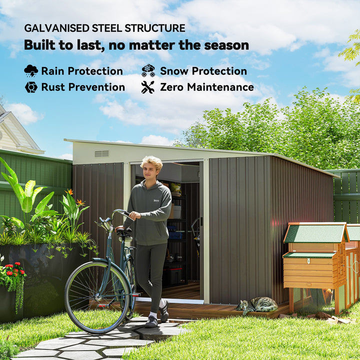 11.3 x 9.2ft Lean to Metal Garden Shed, Outdoor Galvanised Tool Storage House with Double Sliding Doors and 2 Air Vents, Grey