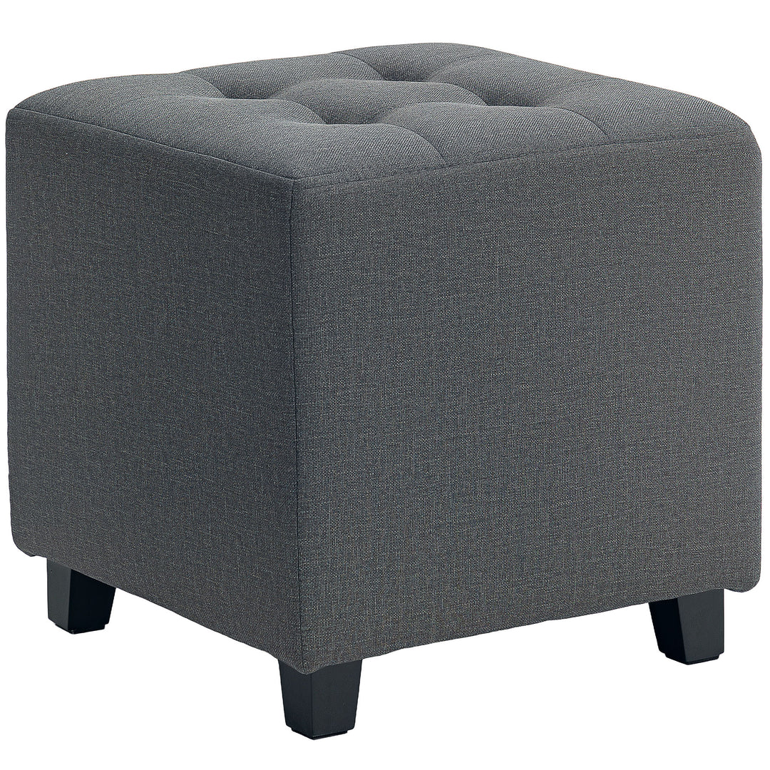 Square Footstool, Small Ottoman with Side Pocket, Linen Fabric Footrest Foot Stool with Rubber Wood Legs and Padded Seat for Living Room, Bedroom, Entryway, 35 x 35 x 35cm, Grey