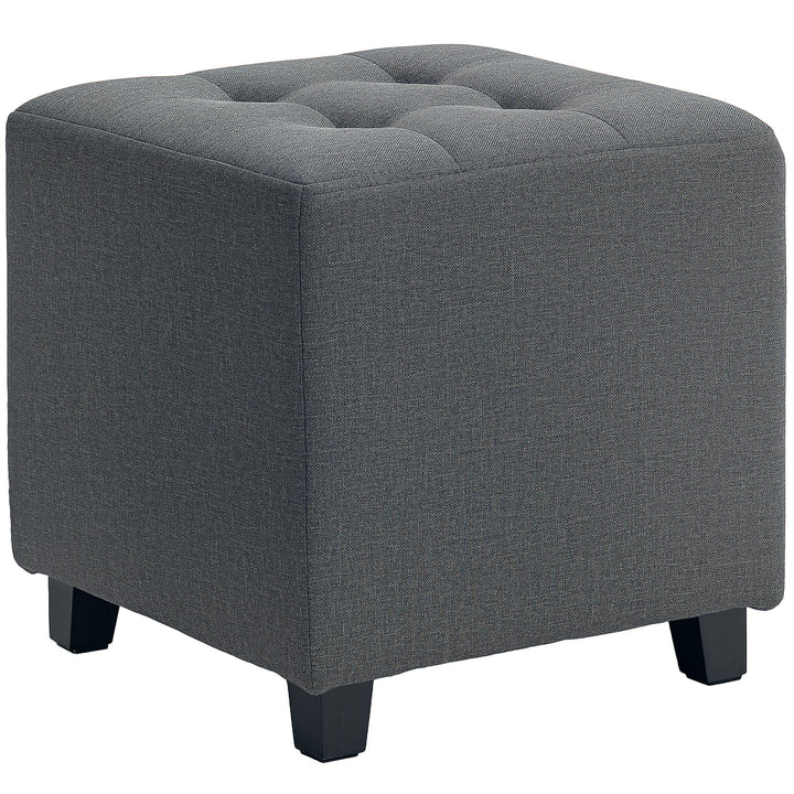 Square Footstool, Small Ottoman with Side Pocket, Linen Fabric Footrest Foot Stool with Rubber Wood Legs and Padded Seat for Living Room, Bedroom, Entryway, 35 x 35 x 35cm, Grey