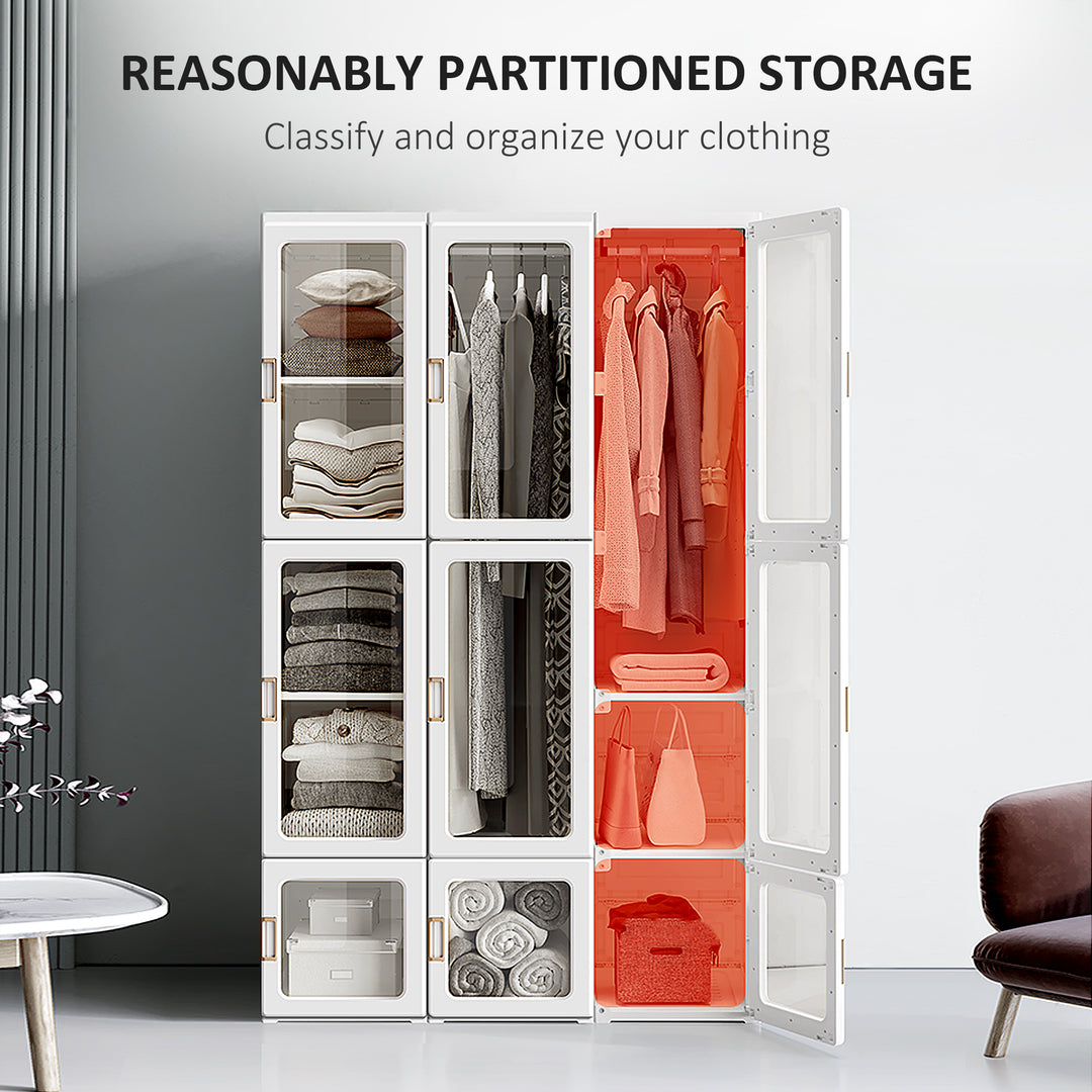 Portable Clothes Wardrobe for Bedroom, Foldable Clothes Organiser with Cube Storage, Hanging Rods, Magnet Doors, White