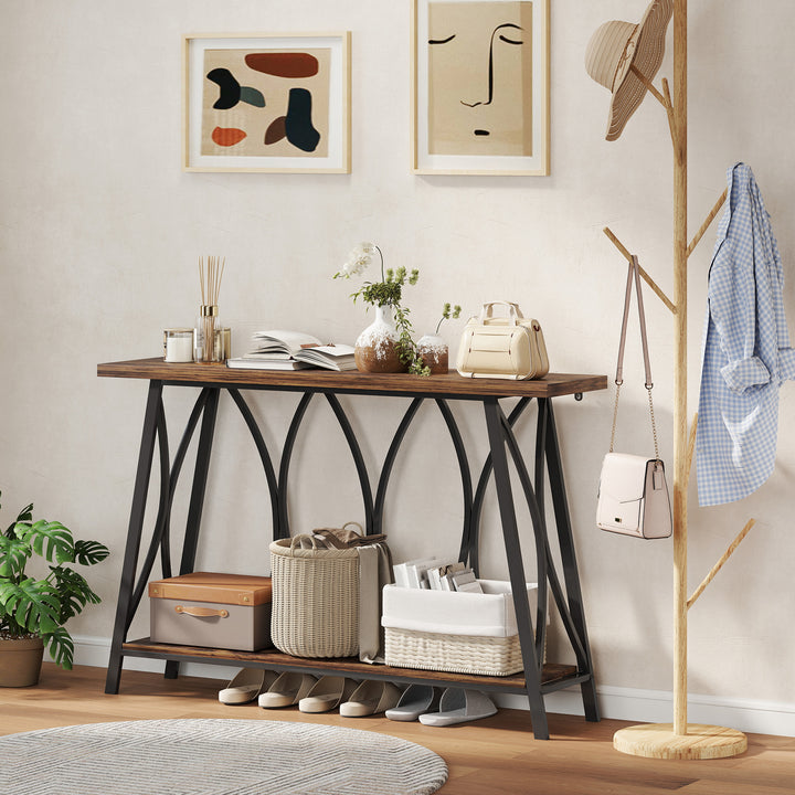Narrow Console Table, Industrial 2-Tier Sofa Table with Metal Frame for Entryway, Living Room, 120x30x80cm