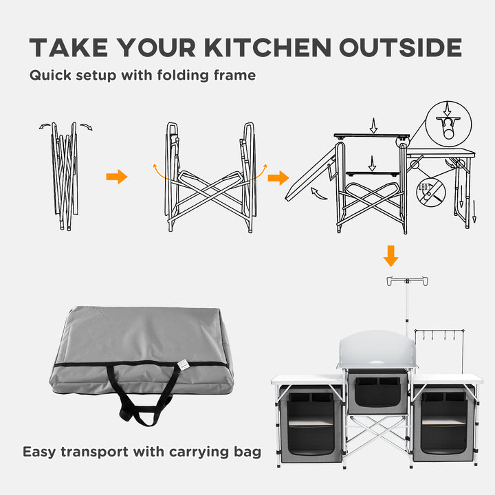 Outsunny Compact Camping Kitchen, Aluminium Portable Outdoor Cooking Station with Windshield, Storage Cupboards & Carry Bag for BBQ, Silver