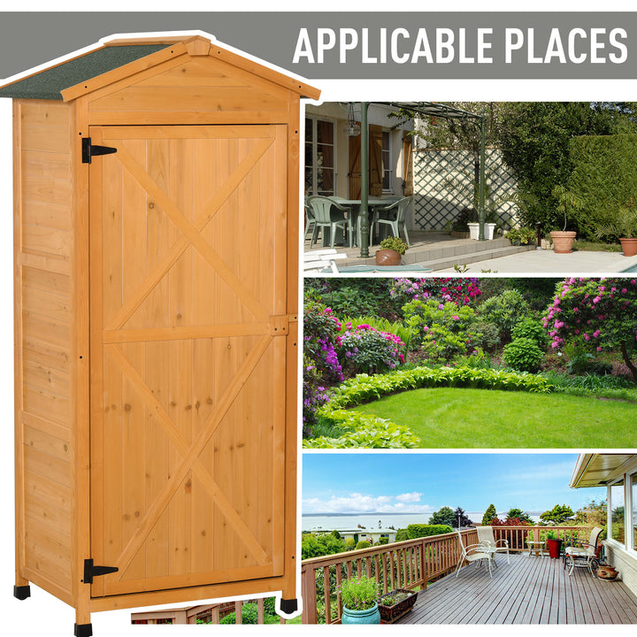Wooden Garden Shed, Outdoor Storage Cabinet with 2 Shelves and Hooks, Locking Organiser Outdoor Narrow Tool House, 74x55x155cm, Yellow