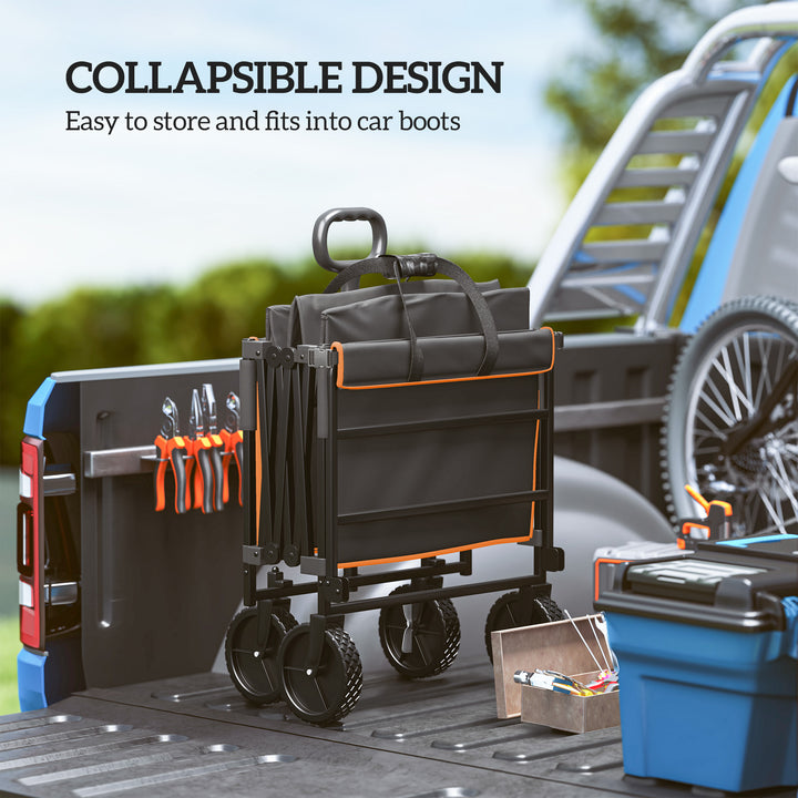 160L Festival Trolley on Wheels, Folding Camping Trolley Cart w/ Tailgate, 100kg Heavy Duty Garden Collapsible Folding Wagon w/Adjustable Handle, Carry Bag for Beach Picnic, Black and Orange