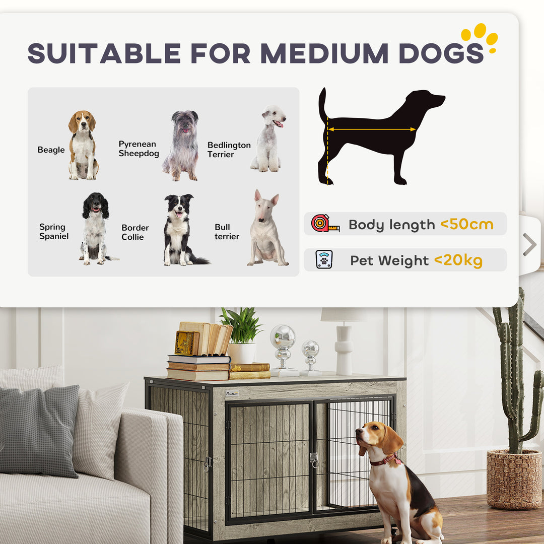 Dog Crate Furniture with Wheels, Double Doors, for Medium Dogs, Grey
