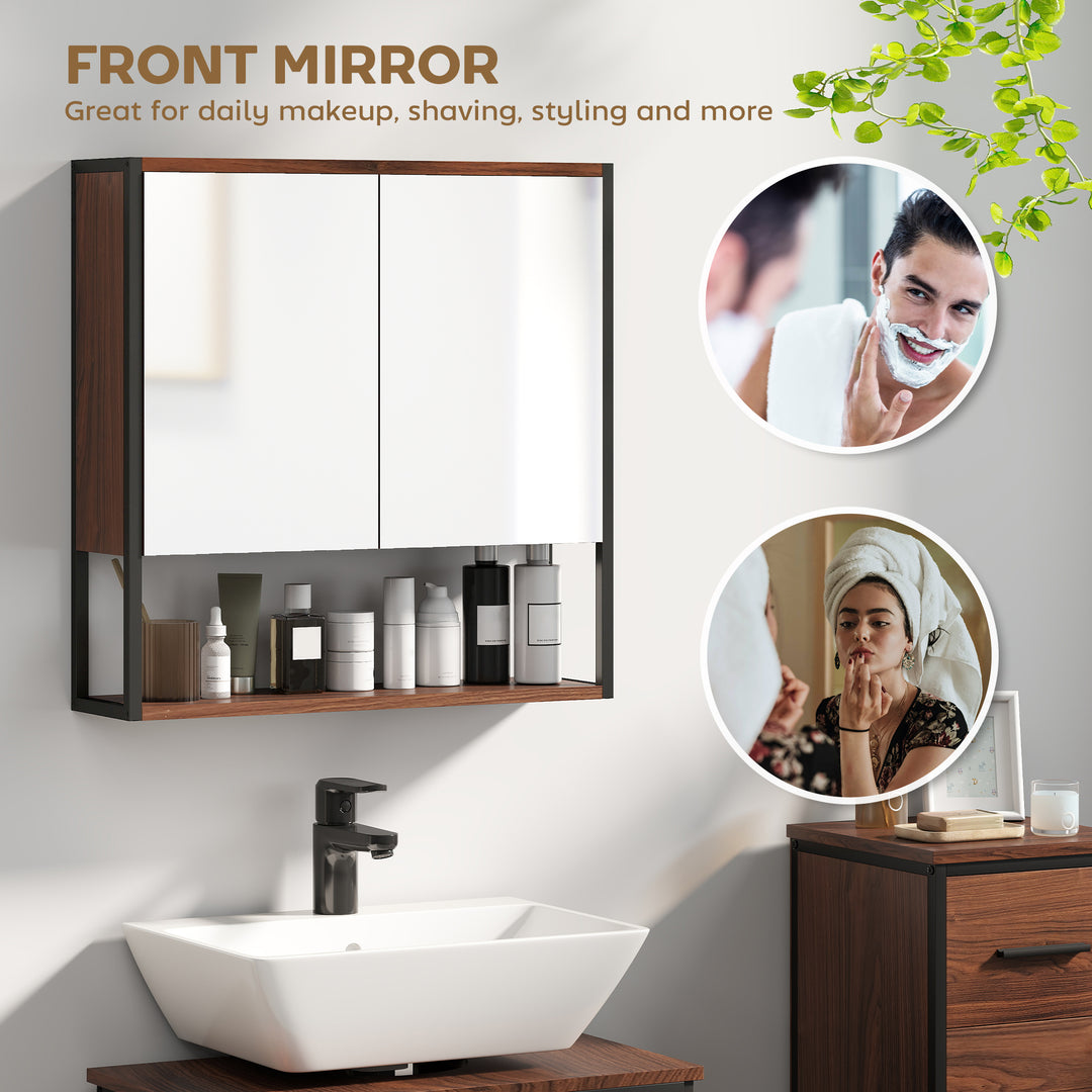 Bathroom Mirror Cabinet with Soft-Close Doors and Adjustable Shelf - Natural Wood Finish
