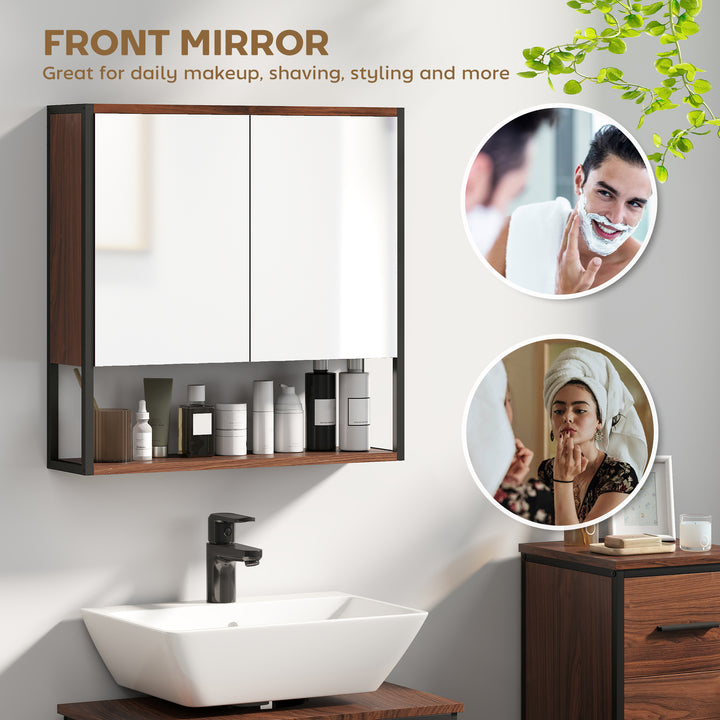 Bathroom Mirror Cabinet with Soft-Close Doors and Adjustable Shelf - Natural Wood Finish