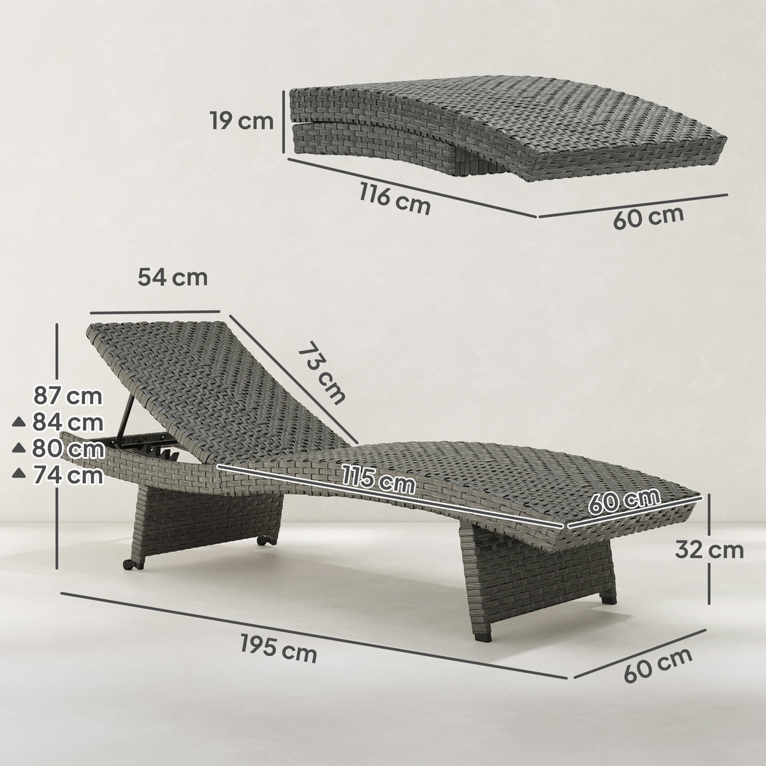 Outdoor PE Rattan Sun Lounger, Folding Wicker Garden Lounger Recliner with 4-Level Adjustable Backrest, Rolling Sunbed Lounge Chair with Wheels, Non-Slip Legs for Balcony, Beach, Mixed-grey