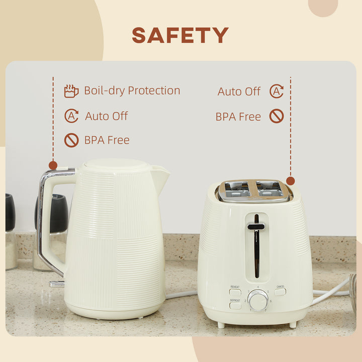 Kettle and Toaster Set, 1.7L 3000W Fast Boil Kettle & 2 Slice Toaster Kitchen Set with 7 Level Browning Controls, Defrost, Reheat, Boil-dry Protection, Cream White