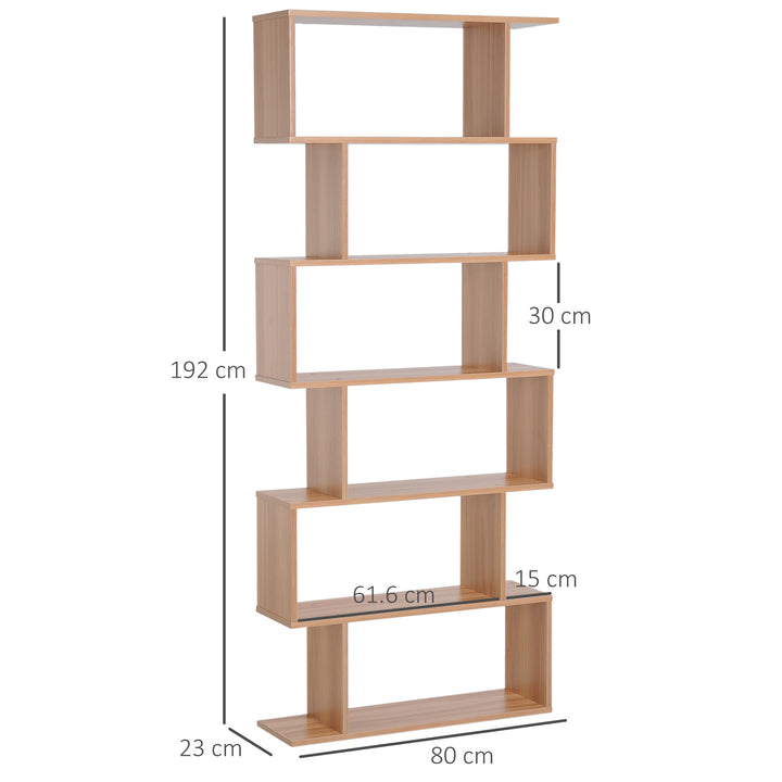 Bookcase, 6 Tier Shelf S Shaped Bookshelf, Storage Unit, Display Shelf for Living Room, Bedroom, Home Office, Plant, Maple