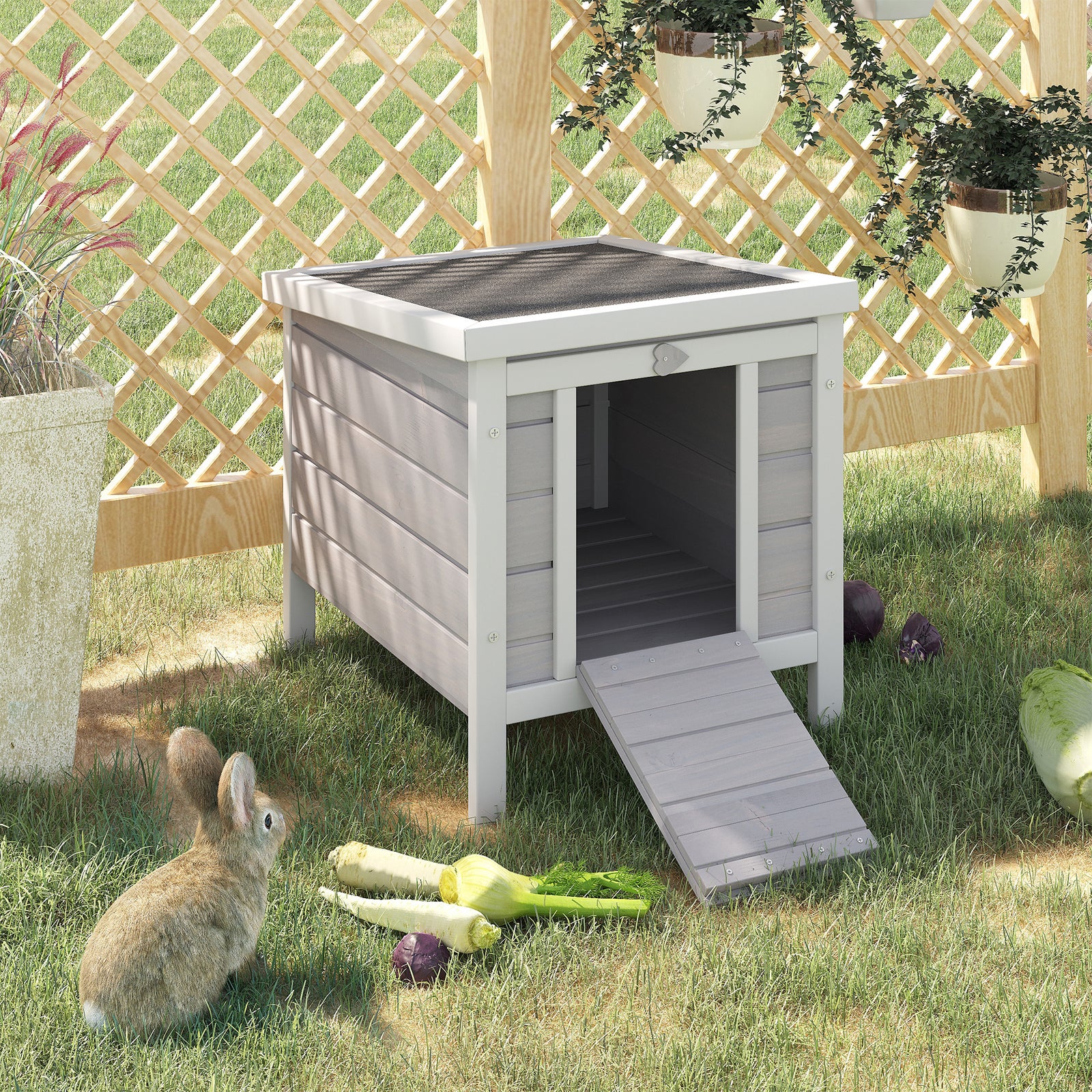 Wooden Rabbit Hutch Outdoor, Guinea Pig Hutch, Rabbit Hideaway, Cat House, Bunny Cage Small Animal House 51 x 42 x 43 cm, Grey