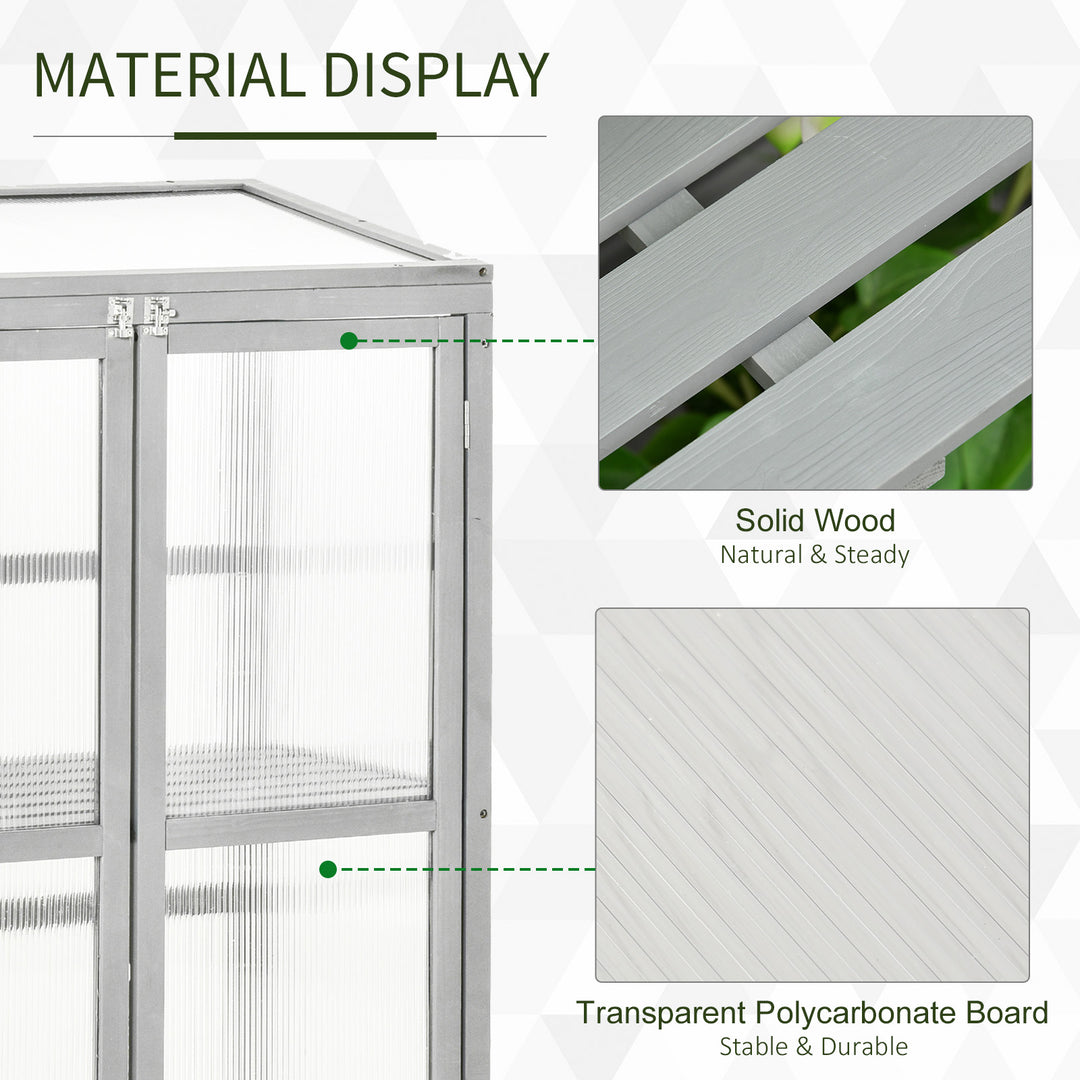 Outsunny Wooden Cold Frame Greenhouse Garden Polycarbonate Grow House w/ Adjustable Shelf, Double Doors, 76 x 47 x 110 cm, Grey