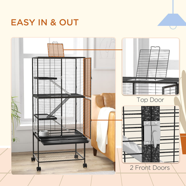 PawHut Rolling Chinchilla Cage, Small Animal Cage for Ferrets w/ Three Doors, Storage, Shelf, Tray Tray, Bowl, Water Bottle