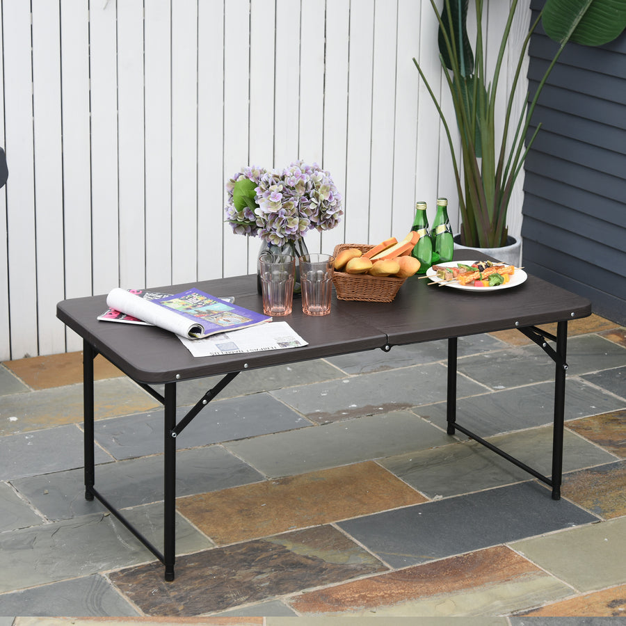 4FT Portable Metal Picnic Table, 22Lx61Wx53/71.5H cm-Black/Brown
