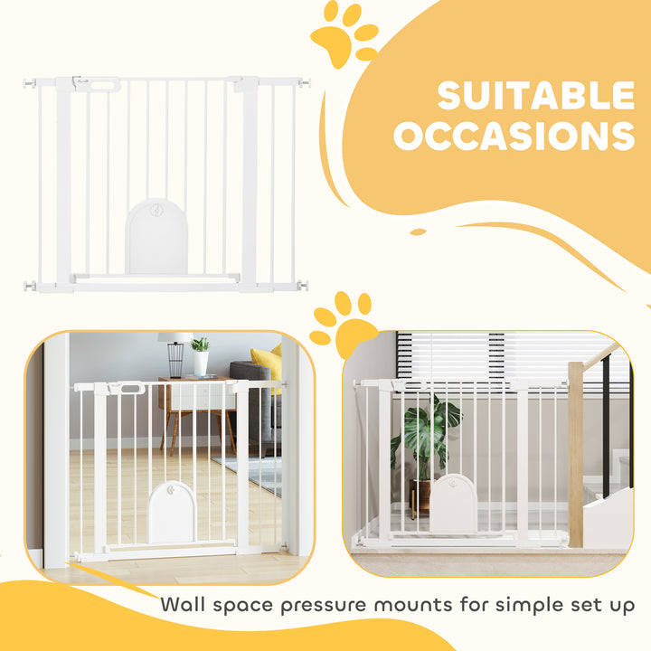 Dog Gate with Cat Flap Pet Safety Gate Barrier, Stair Pressure Fit, Auto Close, Double Locking, for Doorways, Hallways, 75-103 cm White
