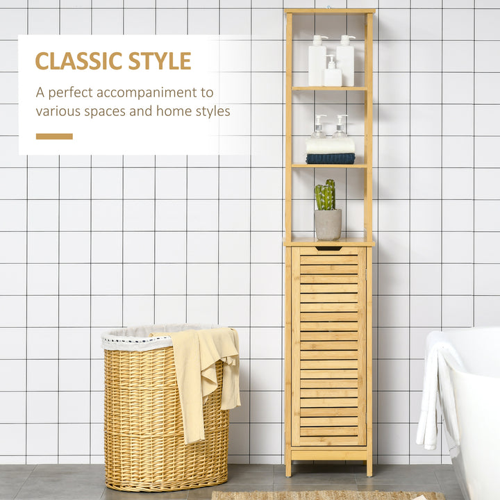 Tall Bathroom Cabinet, Slim Storage Cabinet, Tallboy Bamboo Storage Unit with 3-Tier Storage Shelves and Freestanding Organiser, Natural